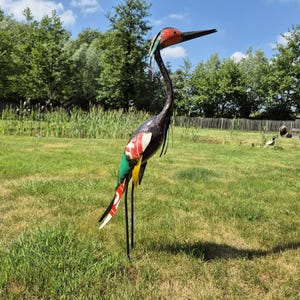 colourful heron sculpture, garden statue, metal art, made from oil barrels, oil drums, signs of used metal, yard art, bird watcher, bird lover, great gift, zimbabwe handcrafted, recycle metal, recycle art, reiger, reihe, egret, colourful
