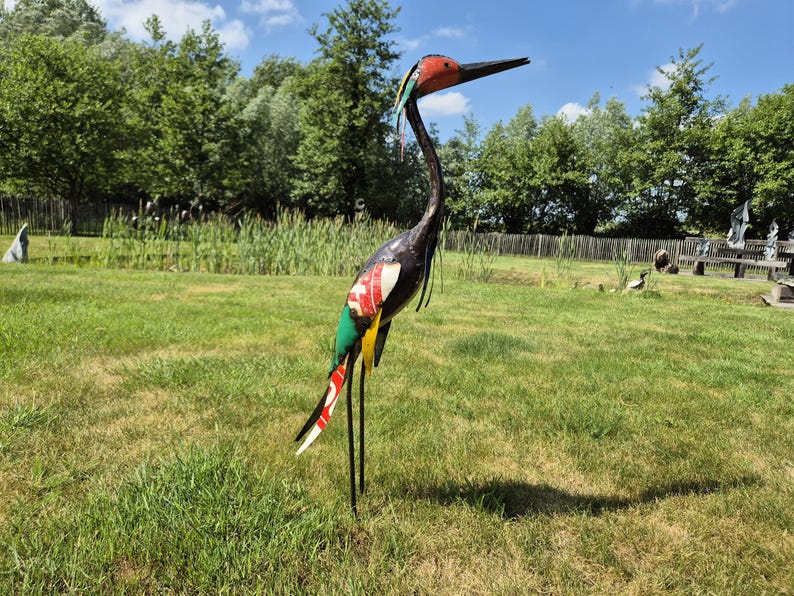 colourful heron sculpture, garden statue, metal art, made from oil barrels, oil drums, signs of used metal, yard art, bird watcher, bird lover, great gift, zimbabwe handcrafted, recycle metal, recycle art, reiger, reihe, egret, colourful