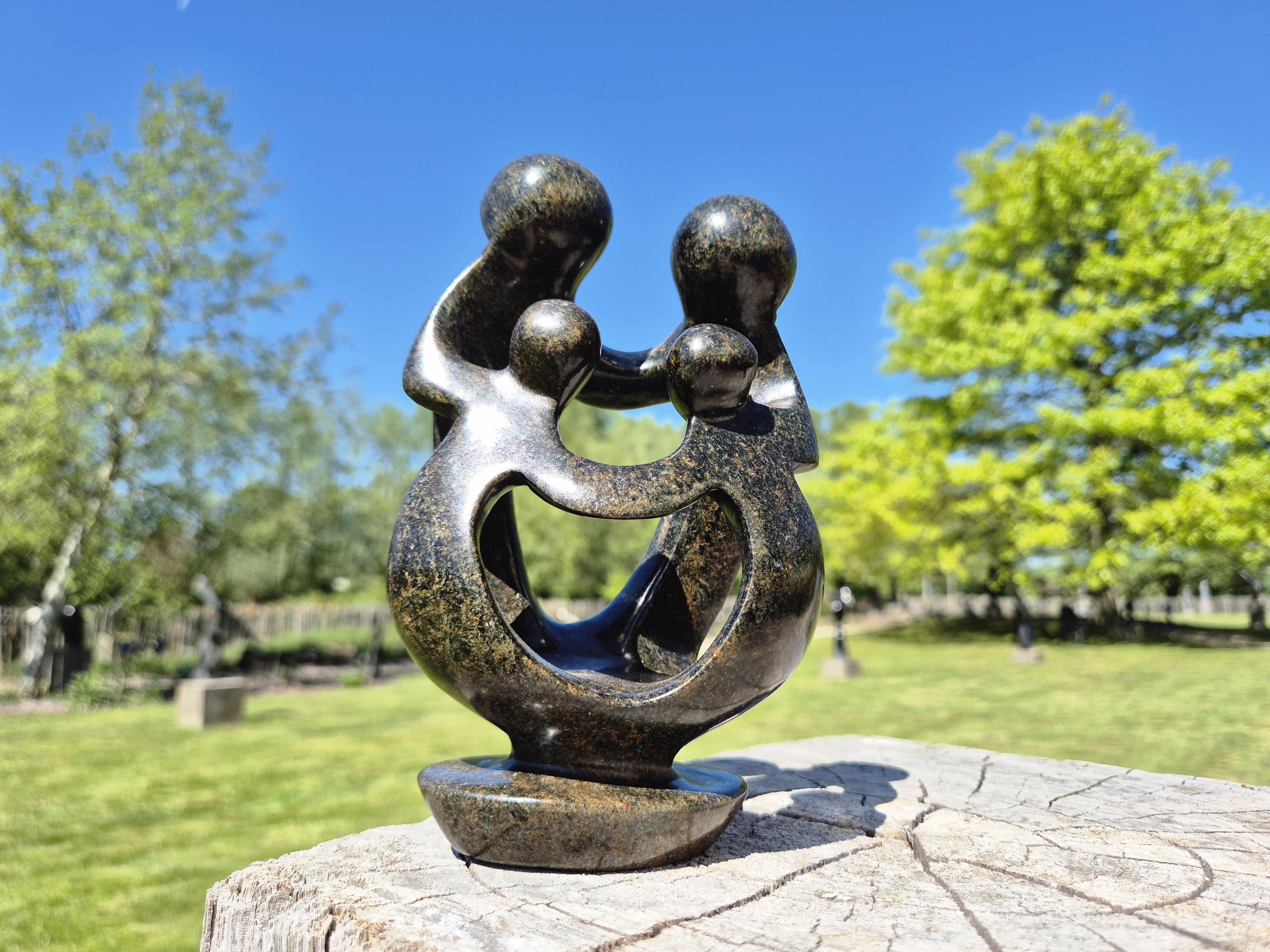 Stone Sculpture, Family of 4 People, Statue Made of Serpentine