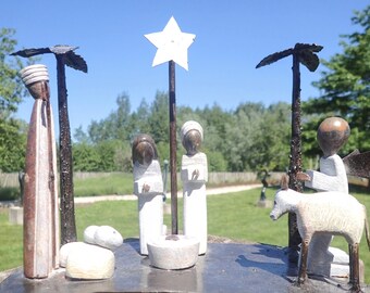 Nativity set in metal and stone, nativity scene, Mary, Joseph and baby Jesus made in metal and stone in Zimbabwe