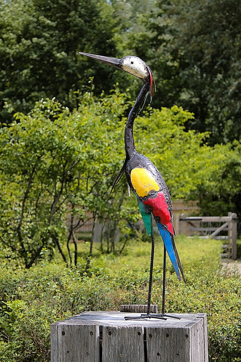 heron, colourful, metal heron, unique design, zimbabwe fair trade, barrels, oil drums, signs of used metal, yard art, bird watcher, bird lover, great gift, zimbabwe handcrafted, recycle metal, recycle art, reiger, reihe, egret