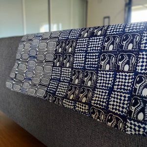 Unique tablecloth, handmade in Zimbabwe, potato print, blue tones, elephants and geometric shapes, table linen or wall decoration