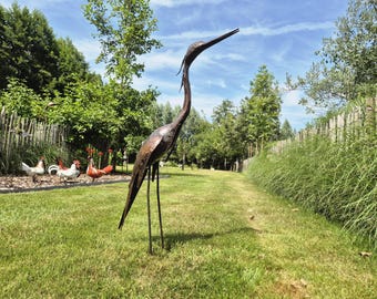 Tuinbeeld : reiger gemaakt van metaal, 90-95 cm, recyclage materialen, reiger sculptuur, heron beeld in metaal, tuinbeeld, beeld vijver