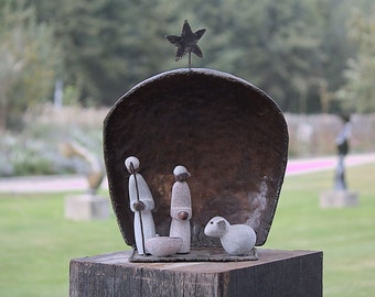 Nativity set in metal and stone, nativity scene, Mary, Joseph and baby Jesus made in metal and stone in Zimbabwe