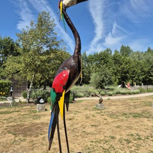 heron, colourful, metal heron, unique design, zimbabwe fair trade, barrels, oil drums, signs of used metal, yard art, bird watcher, bird lover, great gift, zimbabwe handcrafted, recycle metal, recycle art, reiger, reihe, egret