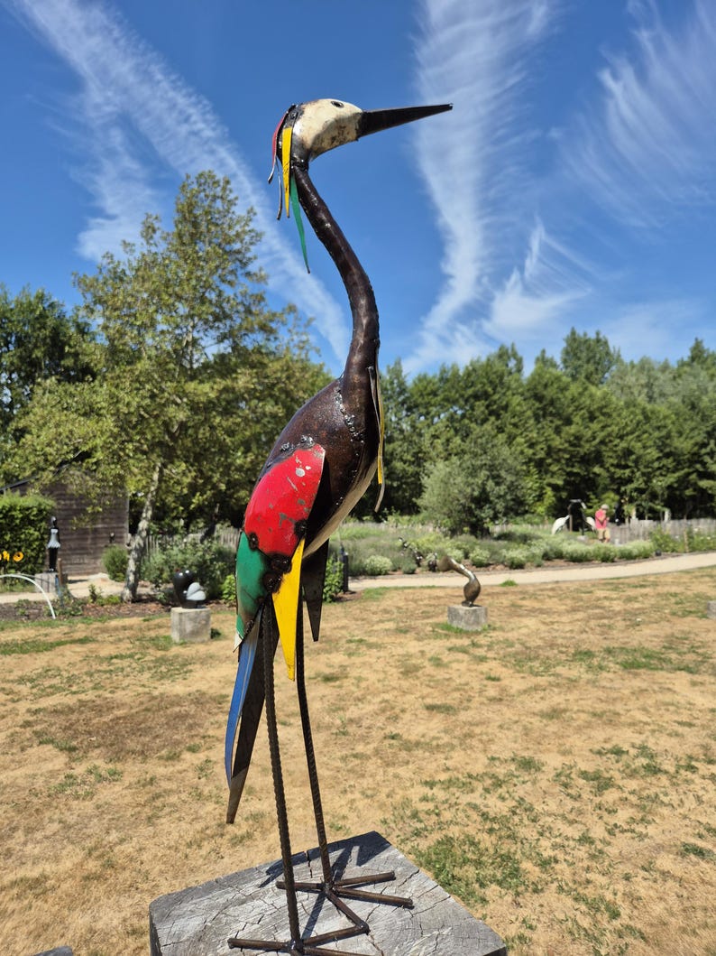 heron, colourful, metal heron, unique design, zimbabwe fair trade, barrels, oil drums, signs of used metal, yard art, bird watcher, bird lover, great gift, zimbabwe handcrafted, recycle metal, recycle art, reiger, reihe, egret