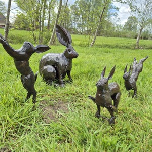 Op de afbeelding: Vier donkerbronzen konijnensculpturen in een grasveld. Eén konijn staat op zijn achterpoten met opgeheven armen, terwijl een ander hurkt. Nog twee konijnen bevinden zich in speelse poses, wat een grillige buitententoonstelling creëert.