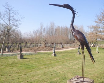 Estatua de jardín: garza de metal, 90-95 cm, materiales reciclados, escultura de garza, estatua de garza en metal, estatua de jardín, decoración de jardín