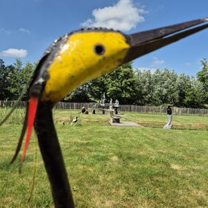 colourful heron sculpture, garden statue, metal art, made from oil barrels, oil drums, signs of used metal, yard art, bird watcher, bird lover, great gift
