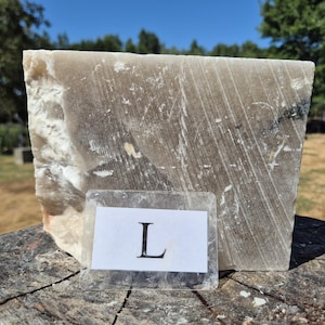Pode incluir: Uma placa retangular de pedra translúcida cinza-claro e branca com uma superfície rugosa e texturizada. Uma pequena etiqueta retangular transparente é colocada na frente da pedra, com a letra maiúscula L impressa em preto sobre um fundo branco.