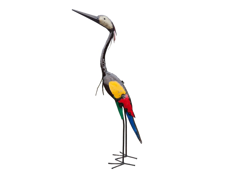 colourful heron sculpture, garden statue, metal art, made from oil barrels, oil drums, signs of used metal, yard art, bird watcher, bird lover, great gift, zimbabwe handcrafted, recycle metal, recycle art, reiger, reihe, egret, colourful