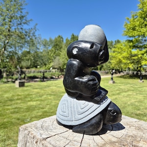 Puede incluir: Una escultura negra de una figura sobre una tortuga, colocada sobre un tocón de árbol. La figura tiene una cabeza redondeada y está sentada sobre la espalda de la tortuga. La tortuga tiene un caparazón estampado. El fondo presenta hierba verde y árboles bajo un cielo azul.