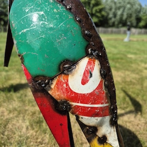 colourful heron sculpture, garden statue, metal art, made from oil barrels, oil drums, signs of used metal, yard art, bird watcher, bird lover, great gift