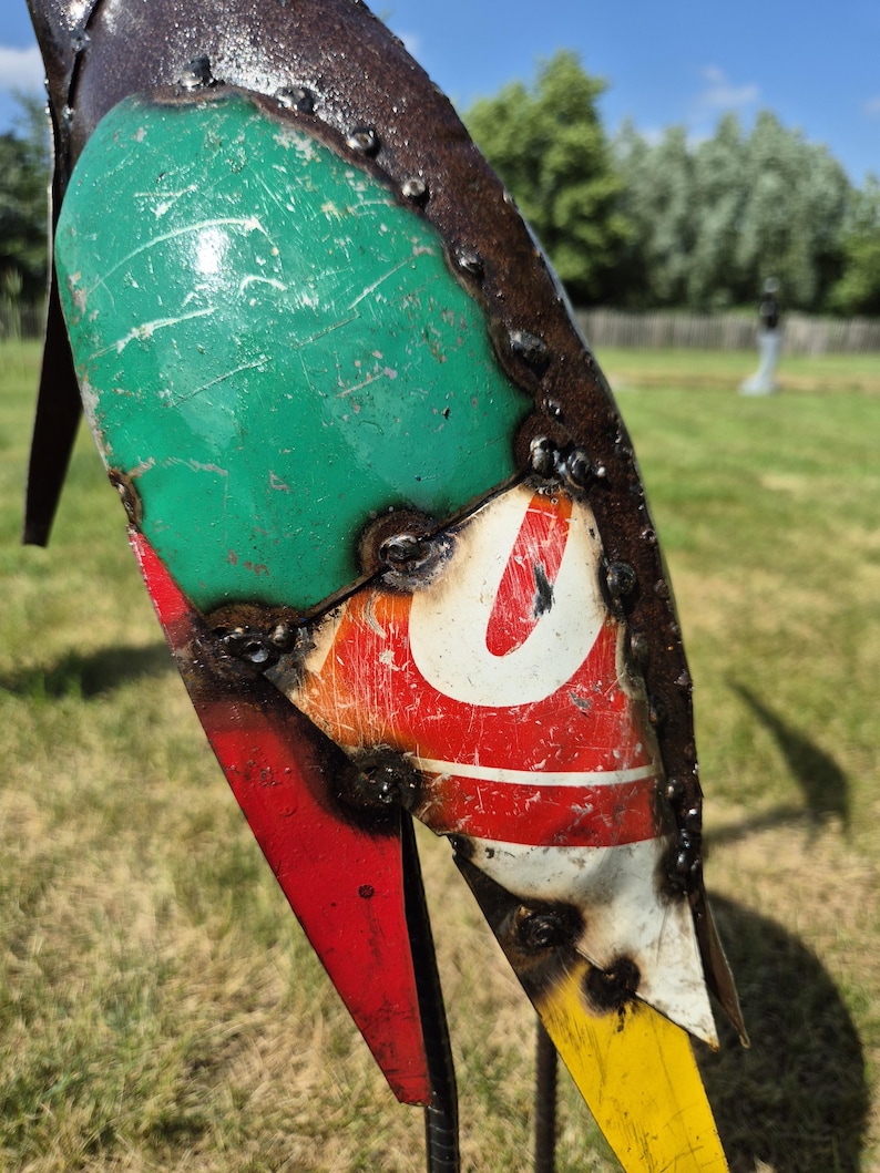 colourful heron sculpture, garden statue, metal art, made from oil barrels, oil drums, signs of used metal, yard art, bird watcher, bird lover, great gift