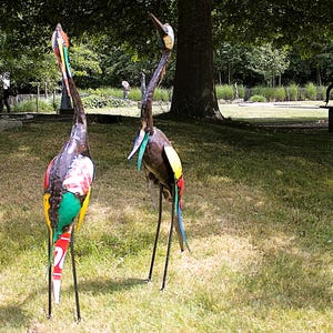 heron, colourful, metal heron, unique design, zimbabwe fair trade, barrels, oil drums, signs of used metal, yard art, bird watcher, bird lover, great gift, zimbabwe handcrafted, recycle metal, recycle art, reiger, reihe, egret, colourful,
