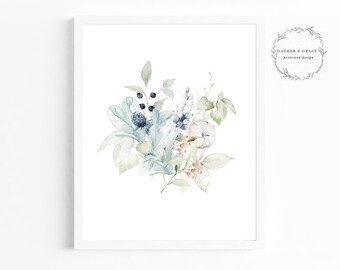Dusty Blue Floral Print . Blue Berry Floral Print . White Pumpkin Art Print . Elephant Ear Floral Print . Lambs Ear . Dusty Miller