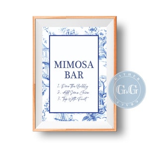 Mimosa Bar. Chinoiserie Bridal Shower Print . Bridal Shower Decor . Blue and White. Instant Download . Southern Tea . Grandmillenial Party