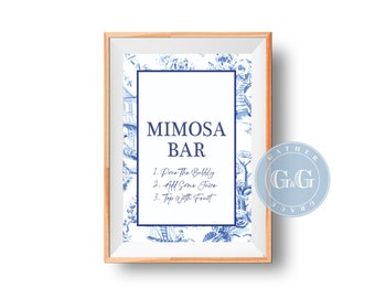 Mimosa Bar. Chinoiserie Bridal Shower Print . Bridal Shower Decor . Blue and White. Instant Download . Southern Tea . Grandmillenial Party