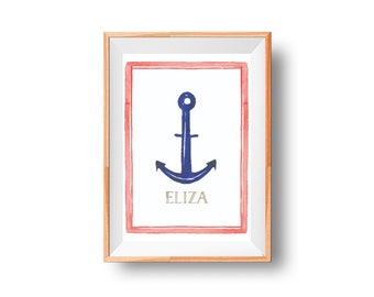 Custom Nursery Name Anchor Art Print - Blue and Red