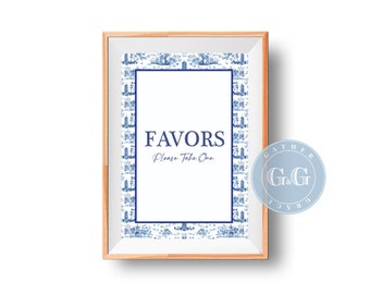 Favors Sign. Chinoiserie Bridal Shower Print . Bridal Shower Decor . Blue and White. Printable Download . Southern Tea Bridal Shower