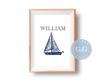 Custom Nursery Art - Sailboat Print - Nautical Nursery Art - Preppy Wall Print -  Sea Inspired Nursery - Ship Art - Navy Nursery - Boy Room