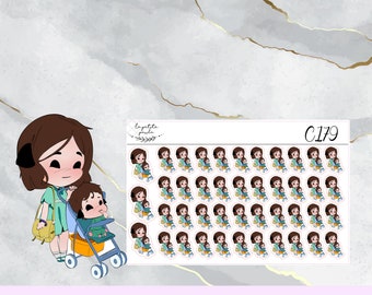 Moeder en kinderwagen baby - C179 Kat thema sticker karakter met aangepast haar en huid, sticker voor planning, plakboeken, dagboek, chibi sticker