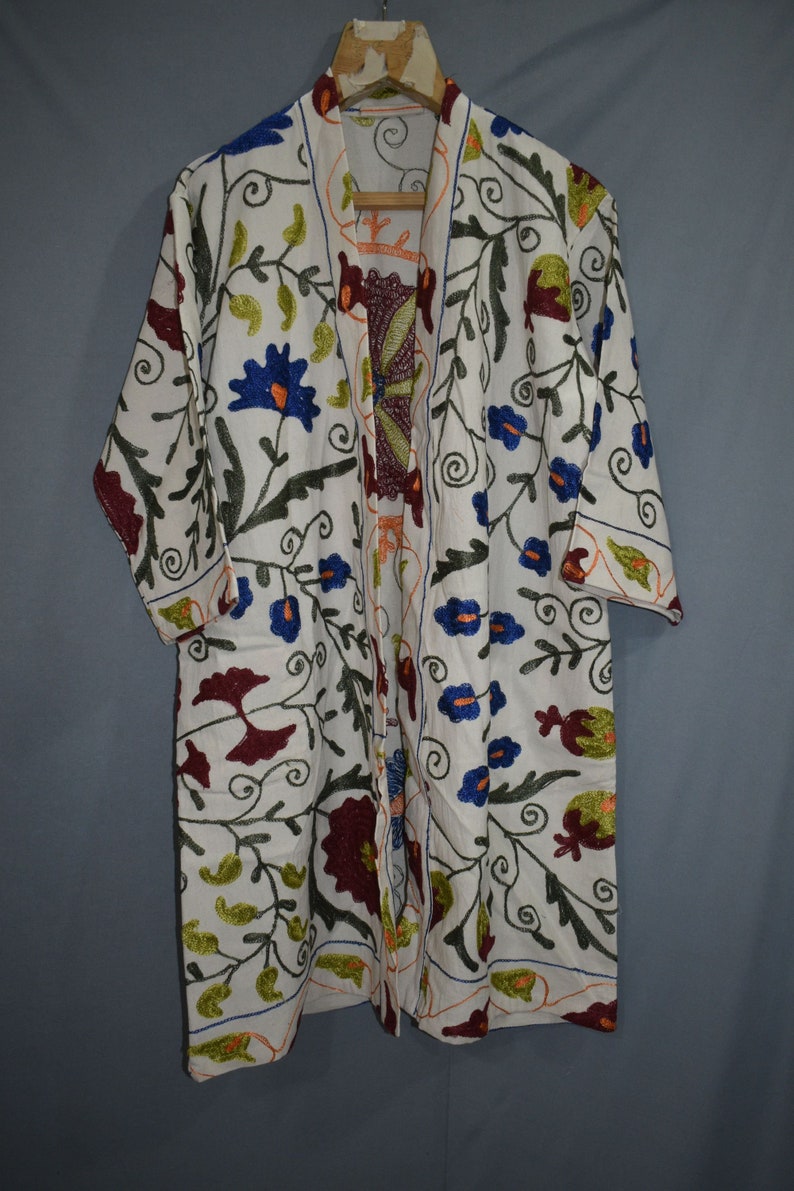 boho hippie jacket bath robe cotton ARTJK08 New Uzbek handmade suzani white jacket caftan clothing