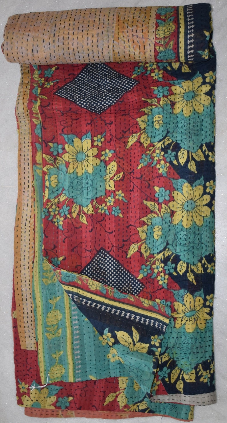 Vintage Kantha Quilt India Sari Blanket Throw Handmade Boho ART-RL102   By artisanofrajasthan
