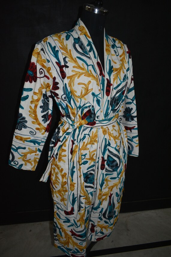 boho hippie jacket bath robe cotton ARTJK08 New Uzbek handmade suzani white jacket caftan clothing
