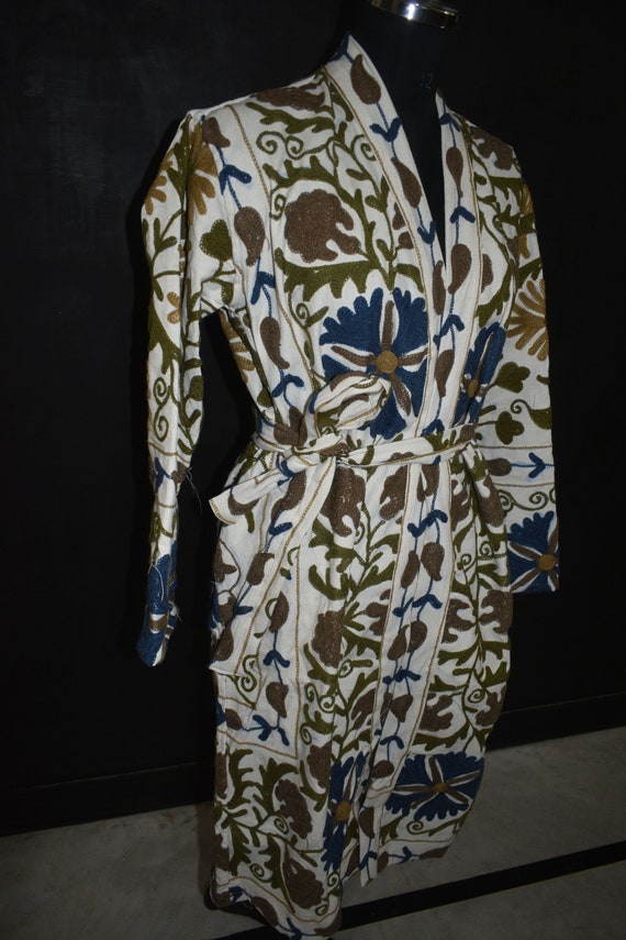 boho hippie jacket bath robe cotton ARTJK08 New Uzbek handmade suzani white jacket caftan clothing