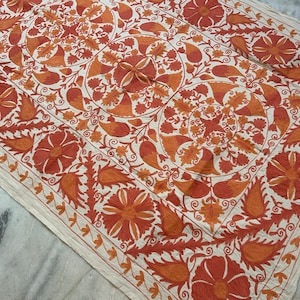 Cotton Suzani Bedspread, twin Size Bedcover, Embroidery Comforter, Suzani Wall Hanging, Floral Bed Linen, Antique Quilt, Boho Suzani Fabric