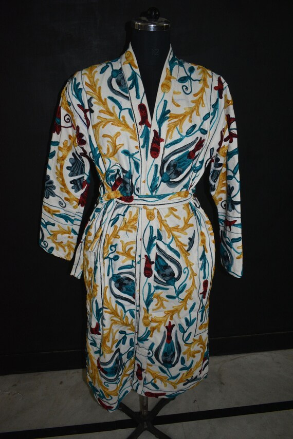 boho hippie jacket bath robe cotton ARTJK08 New Uzbek handmade suzani white jacket caftan clothing