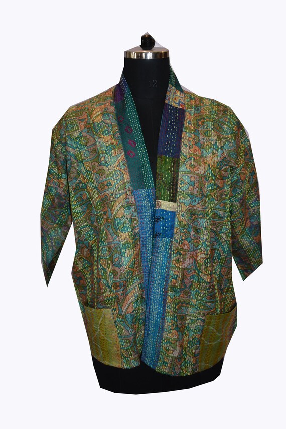 Kantha Kimono jacket,Sari Silk Robe,Patchwork, Boh