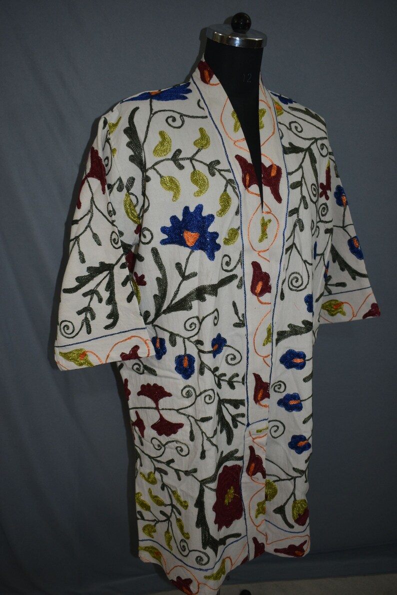 boho hippie jacket bath robe cotton ARTJK08 New Uzbek handmade suzani white jacket caftan clothing