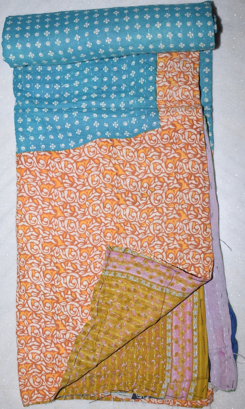 Indian Ethnic Traditional Artisan Bohemain Multi Color Reversible Vintage Kantha Quilts Twin Size Floral Throw 3179 BY artisanofrajasthan