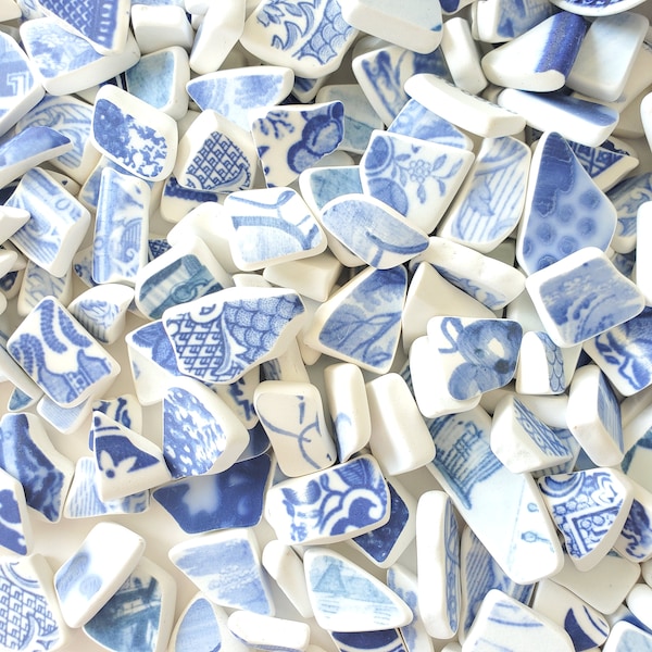 SMALL Blue and White ,   Cultured Sea Pottery, Tumbled Pottery.  Ceramic Shards. Cultured Sea Pottery. Tumbled Pottery.