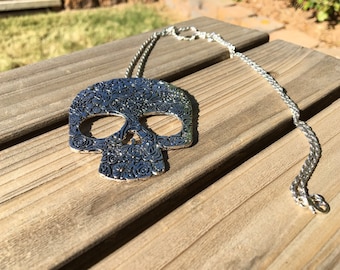 Large Antique Silver Life Sugar Skull Necklace