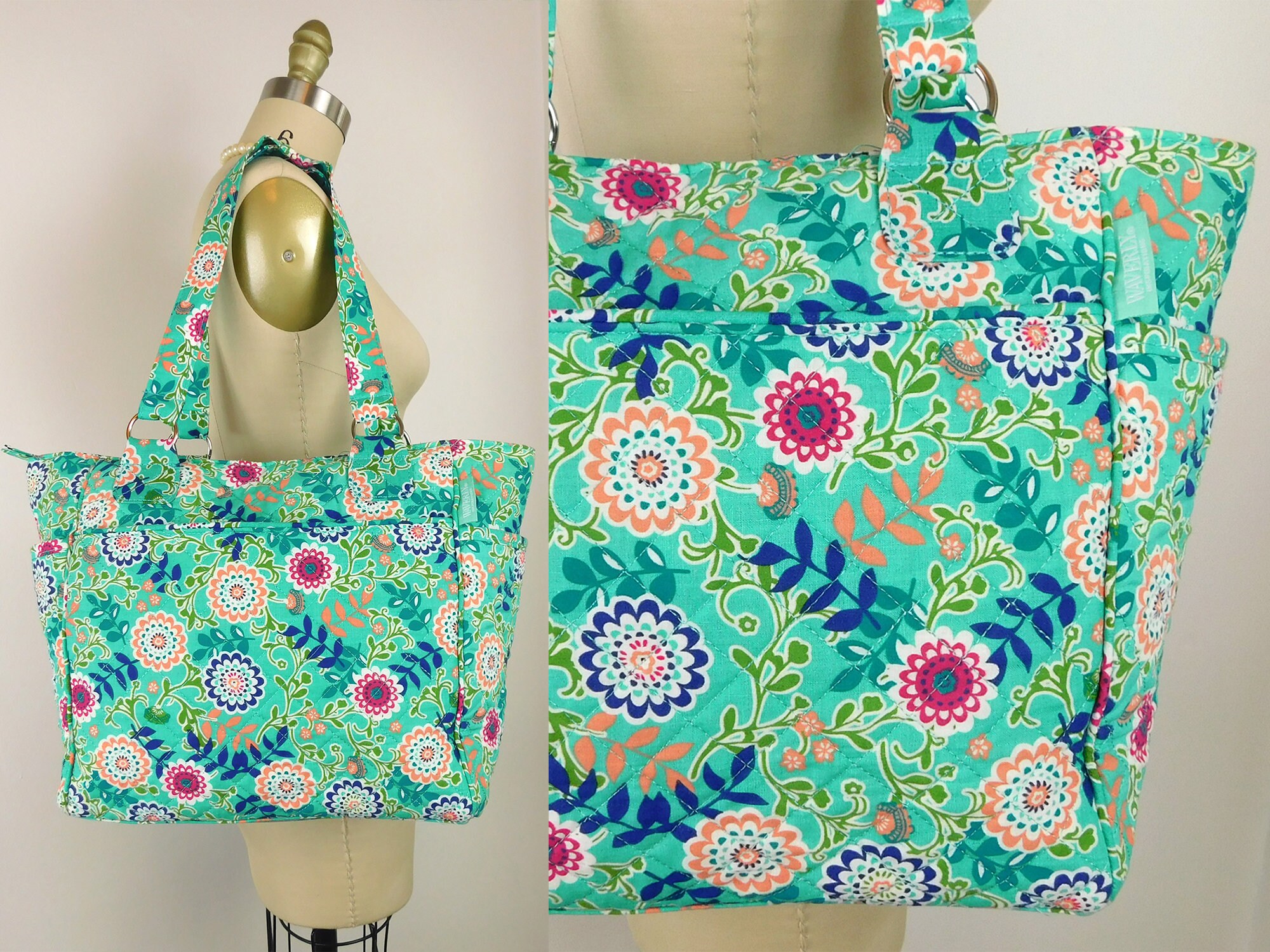Waverly Inspirations Large Quilted Handbag Purse Aqua teal Peach Red Floral Print Shoulder Bag Tote Satchel Excellent Condition Etsy