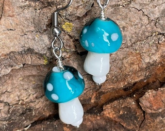 Cute Aqua Turquoise Glass Mushroom Dangle Earrings, Bright Tropical Pastel Boho Woodland Blue White Earrings, Blue Magic Mushroom Earrings