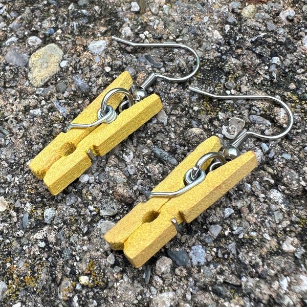 Yellow Clothespin Earrings, Domestic Diva Gift, Kinetic Wooden Laundry Clip Earrings, Cute Kawaii Housewares Laundry Day Earrings Jewelry