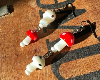 Red White Mushroom Earrings, Little Red Dangle Drop Magic Mushroom Charm Earrings, Cute Kawaii Toadstool Jewelry, Elfin Mushroom Earrings