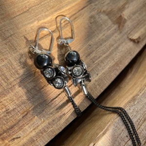 Goth Chain Earrings, Extreme Drama Hematite Rhinestone Gothic Long Gunmetal Chain Dangle Semiprecious Gemstone Earrings, Cool Goth Girl Gift