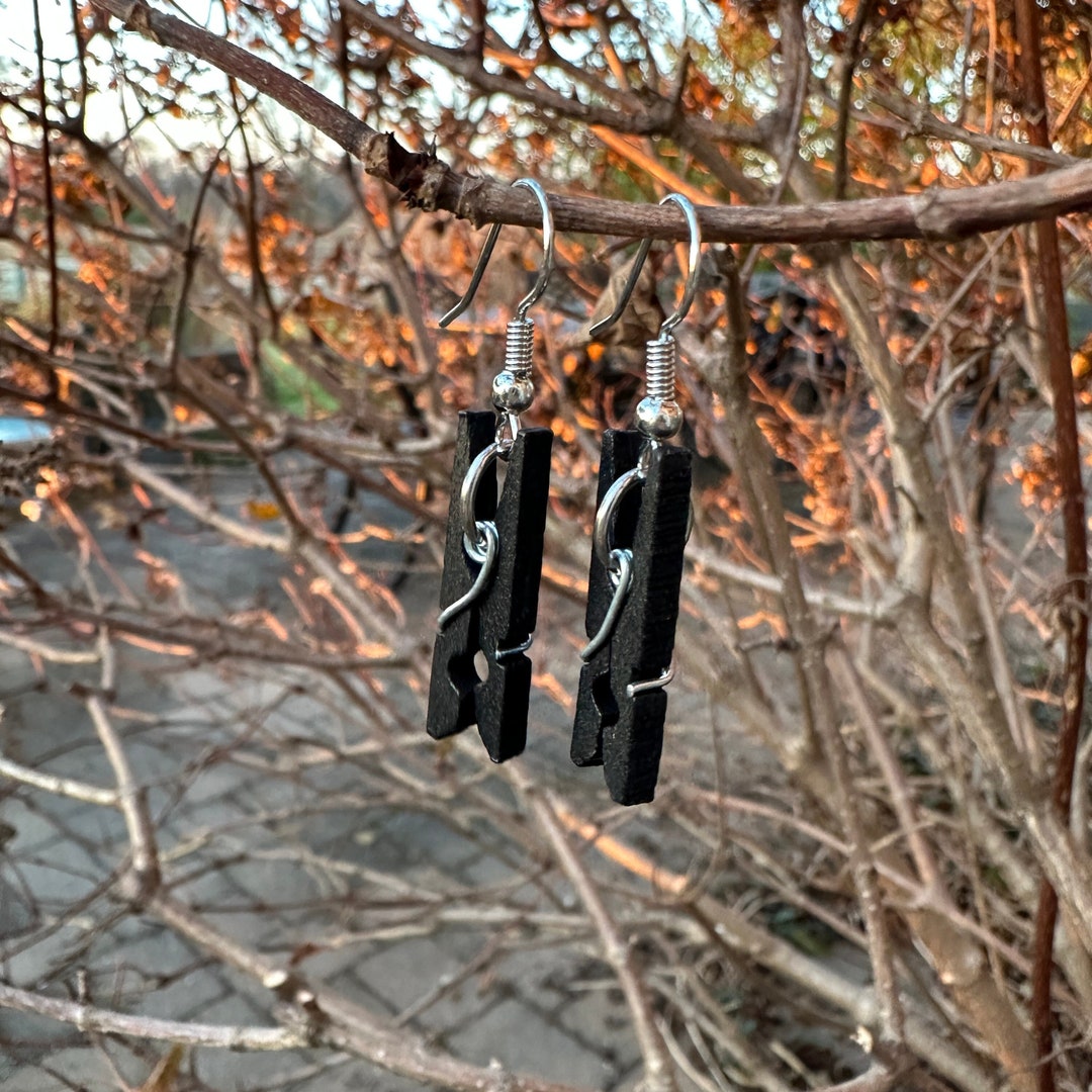 Black Clothespin Earrings, Domestic Diva Gift, Black Wooden Clothespin