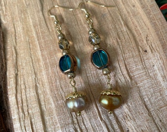 Iridescent Freshwater Pearl Fire-Polished Czech Glass Earrings, Elegant Semiprecious Dangle Earrings, Romantic Blue Gold Gemstone Earrings