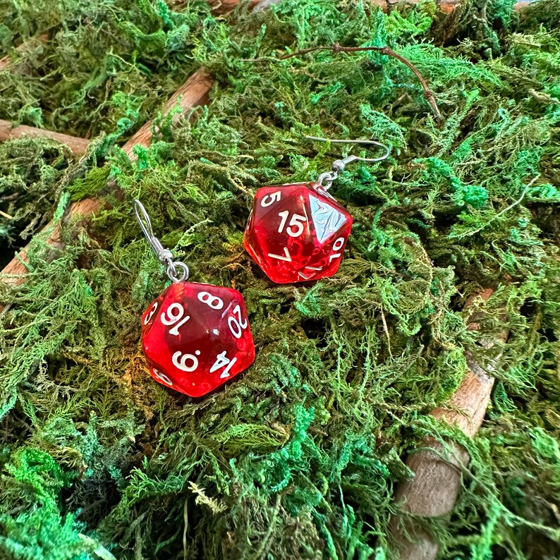 Red D&D Dice Earrings, Dungeons and Dragons Earrings, Critical Hit 20