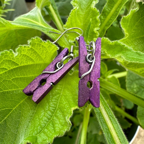 Purple Clothespin Earrings, Housekeeper Gift, Domestic Diva Gift, Laundry Day Jewelry, Cute Functional Kinetic Kawaii Wood Earrings Gift