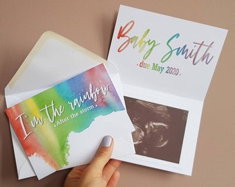 Rainbow Baby pregnancy announcement new baby card personalised to order