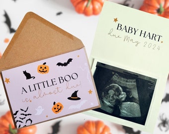 Halloween pregnancy announcement card personalised to order with space for scan photo