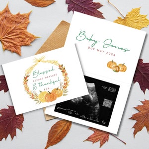 Halloween, Thanksgiving Schwangerschaftsmitteilungskarte personalisiert auf Bestellung mit Platz für Scan-Foto über alle Maßen gesegnet