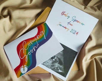 Rainbow coming soon pregnancy announcement card for family and friends personalised to order rainbow baby